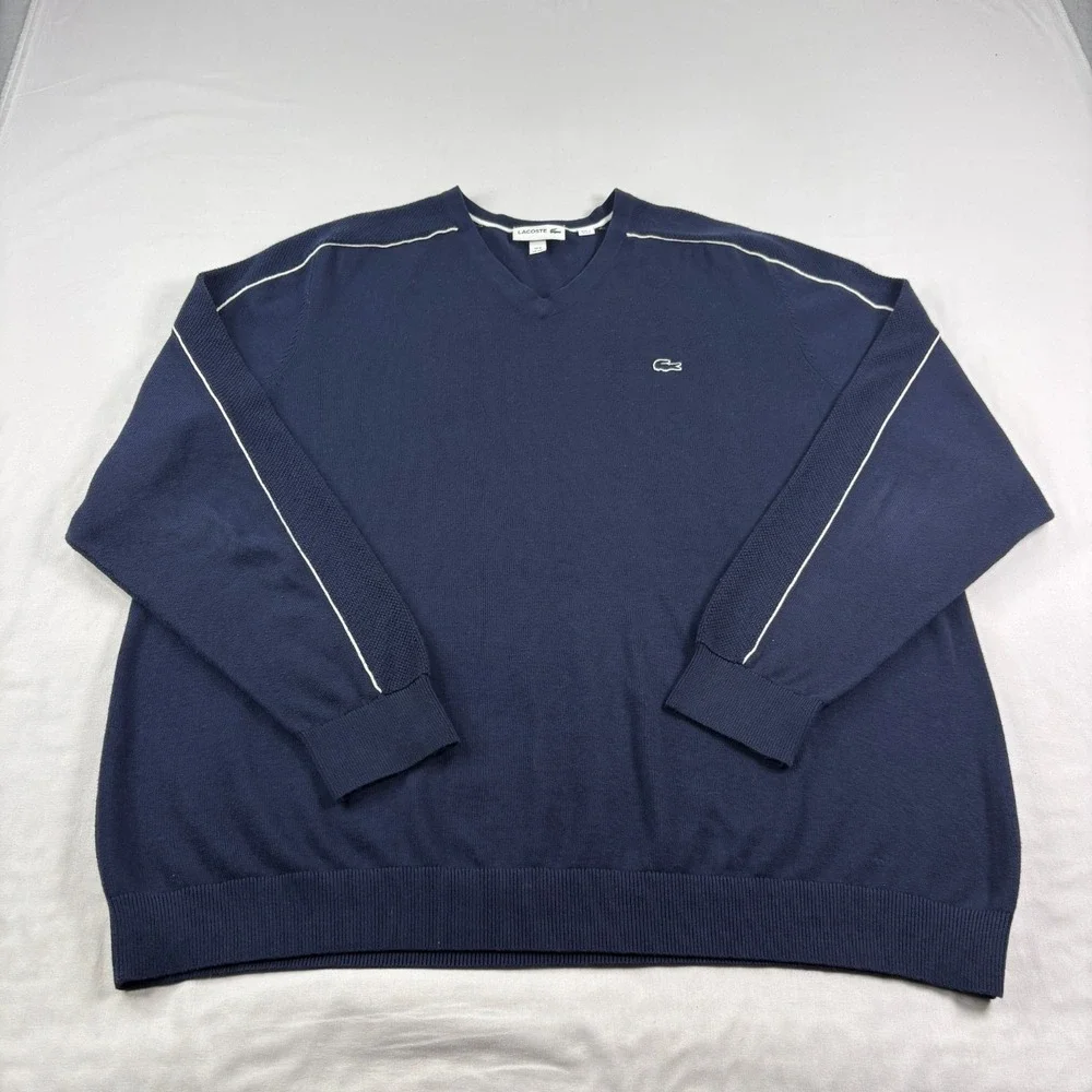 Lacoste Sweater Mens 4XL Blue V-Neck Pullover‎ Slim Fit Stretch
